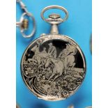 Large Doxa Anti-Magnetique pocket watch with equestrian motif, niello nickel case with military ride