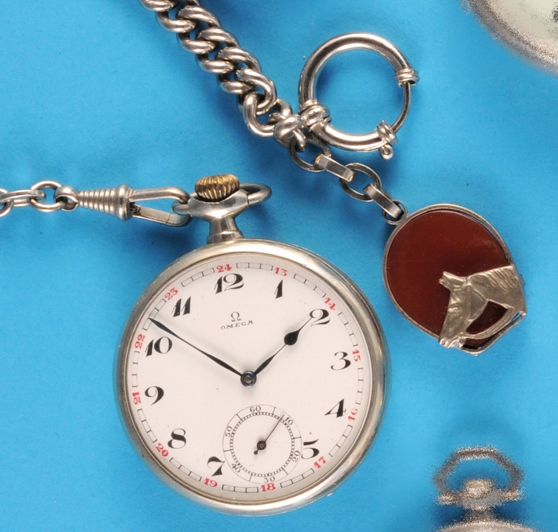 Omega nickel pocket watch with small seconds and nickel chain with pendant and depiction of horse he - Bild 2 aus 2