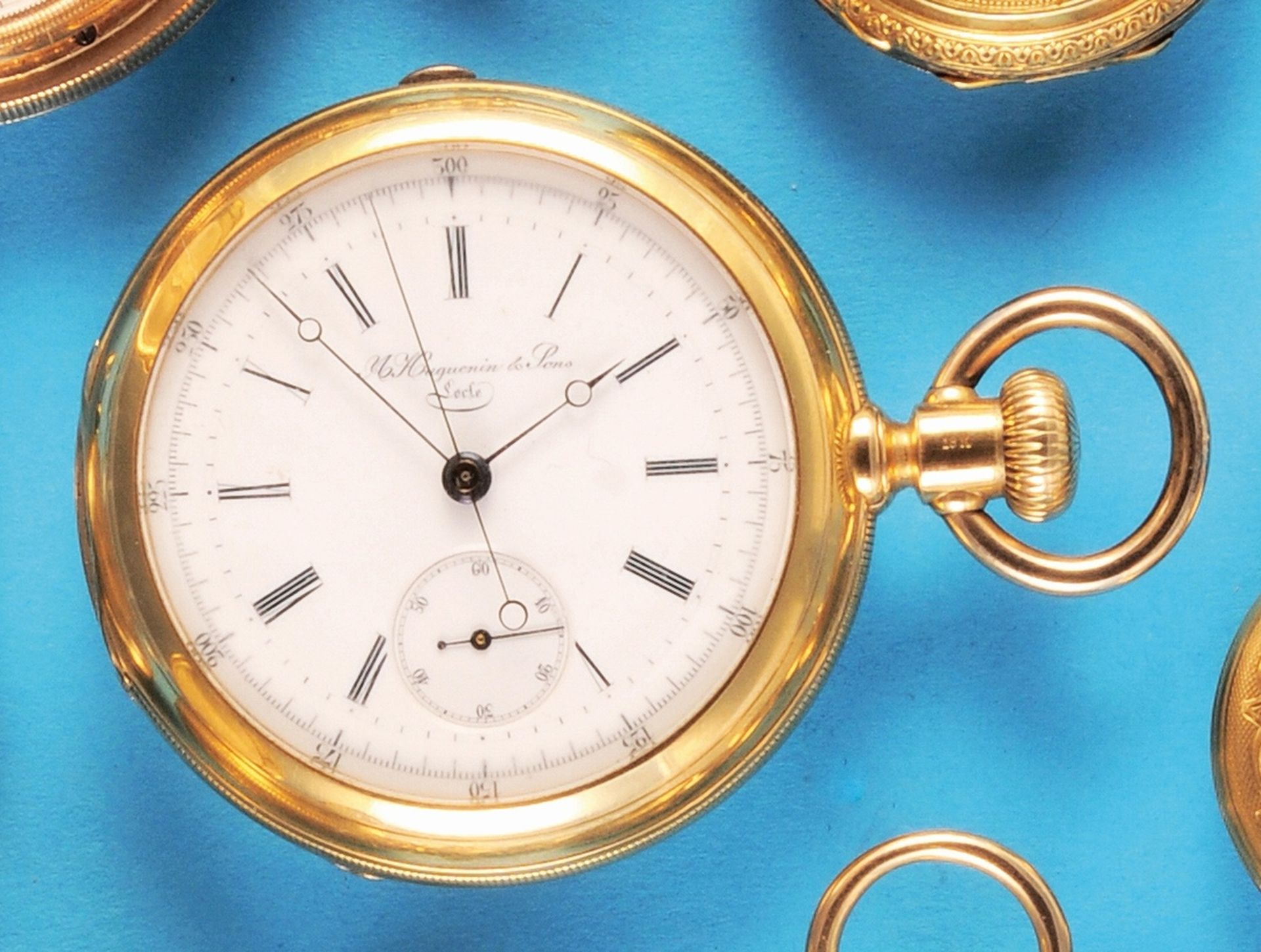 A. Huguenin & Sons, Locle, No. 15620, large gold pocket watch with glazed sprung cover and column wh - Bild 2 aus 2