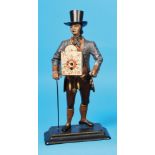 Black Forest clock man in Black Forest costume and intact small bow shield clock with landscape pict