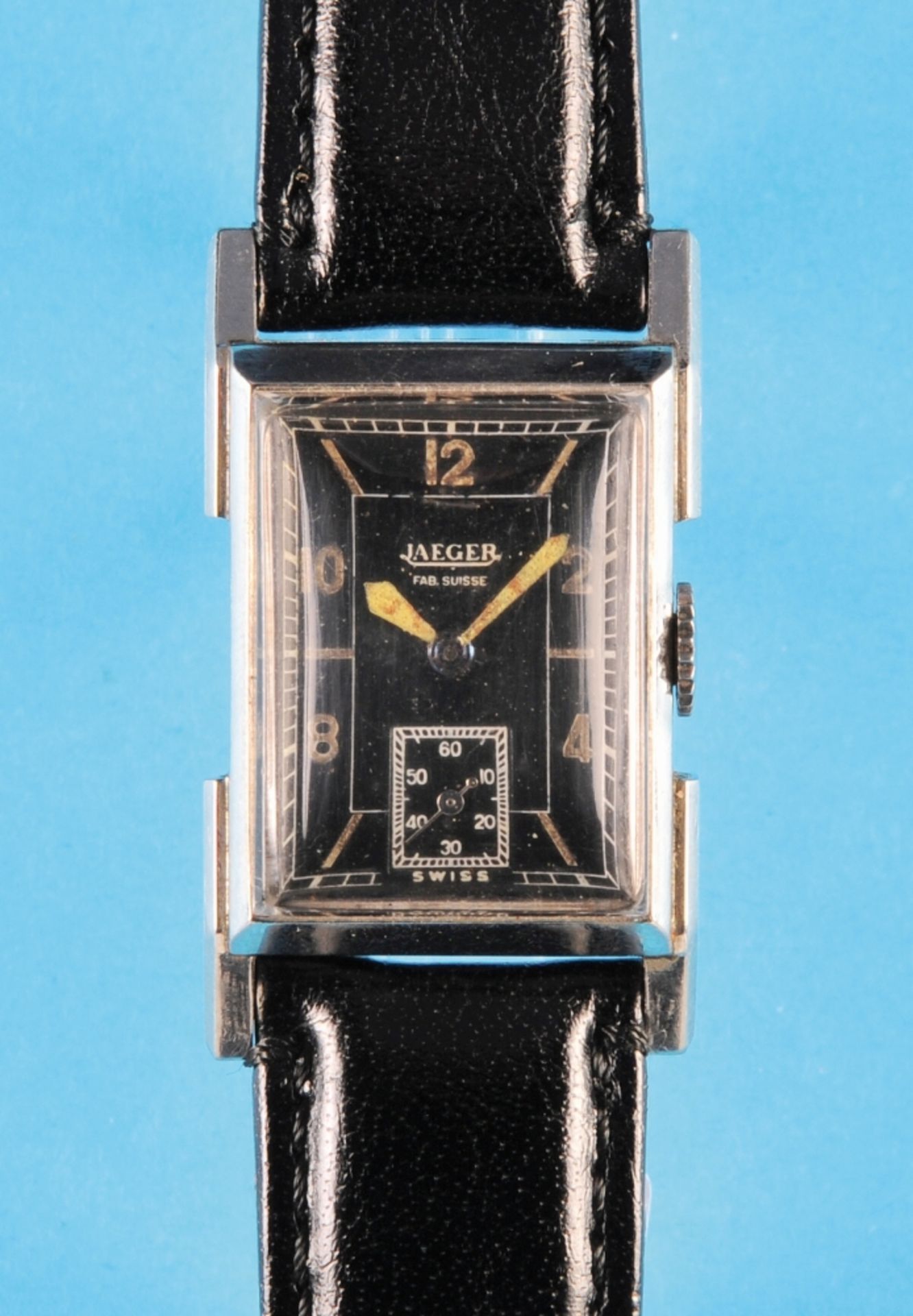 Jaeger, LeCoultre Co., rectangular Art Deco wristwatch with black dial and shaped dial and shaped le