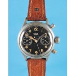 Hanhart pilot's wristwatch chronograph, WW2, 1940s, gray case (rubbed), with screw-down stainless st