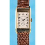 Longines, rectangular gold wristwatch, 18 ct., cal. 9.47 NN, circa 1930, silver-plated dial with gol