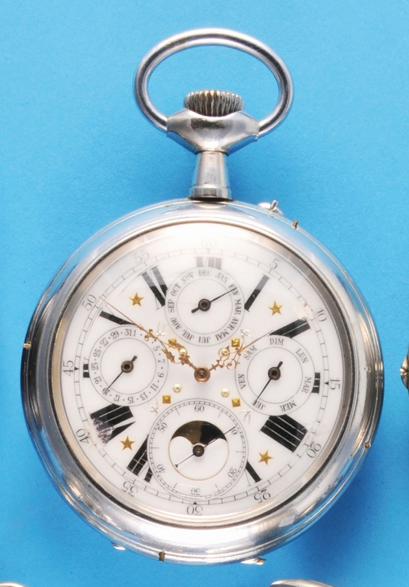 Large nickel silver pocket watch with moon phase calendar, smooth case,