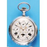 Large nickel silver pocket watch with moon phase calendar, smooth case,