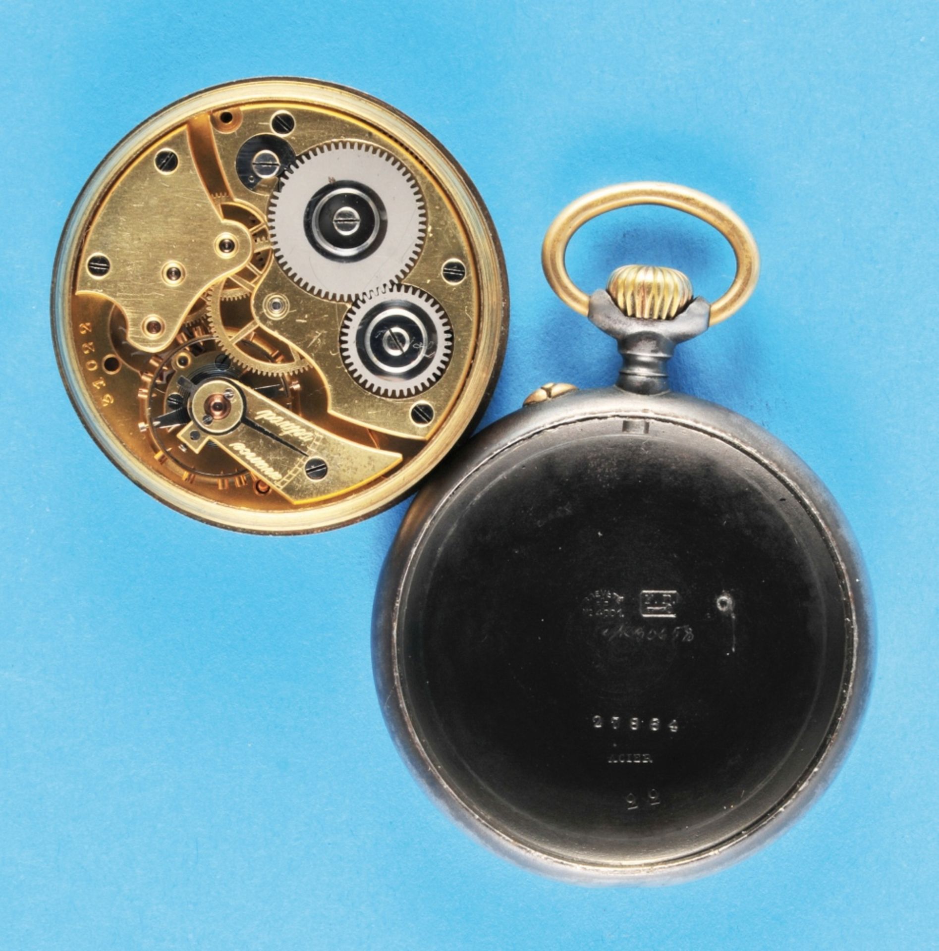 Burnished metal pocket watch with case patent, patent no. 4001, with patent specification in copy,