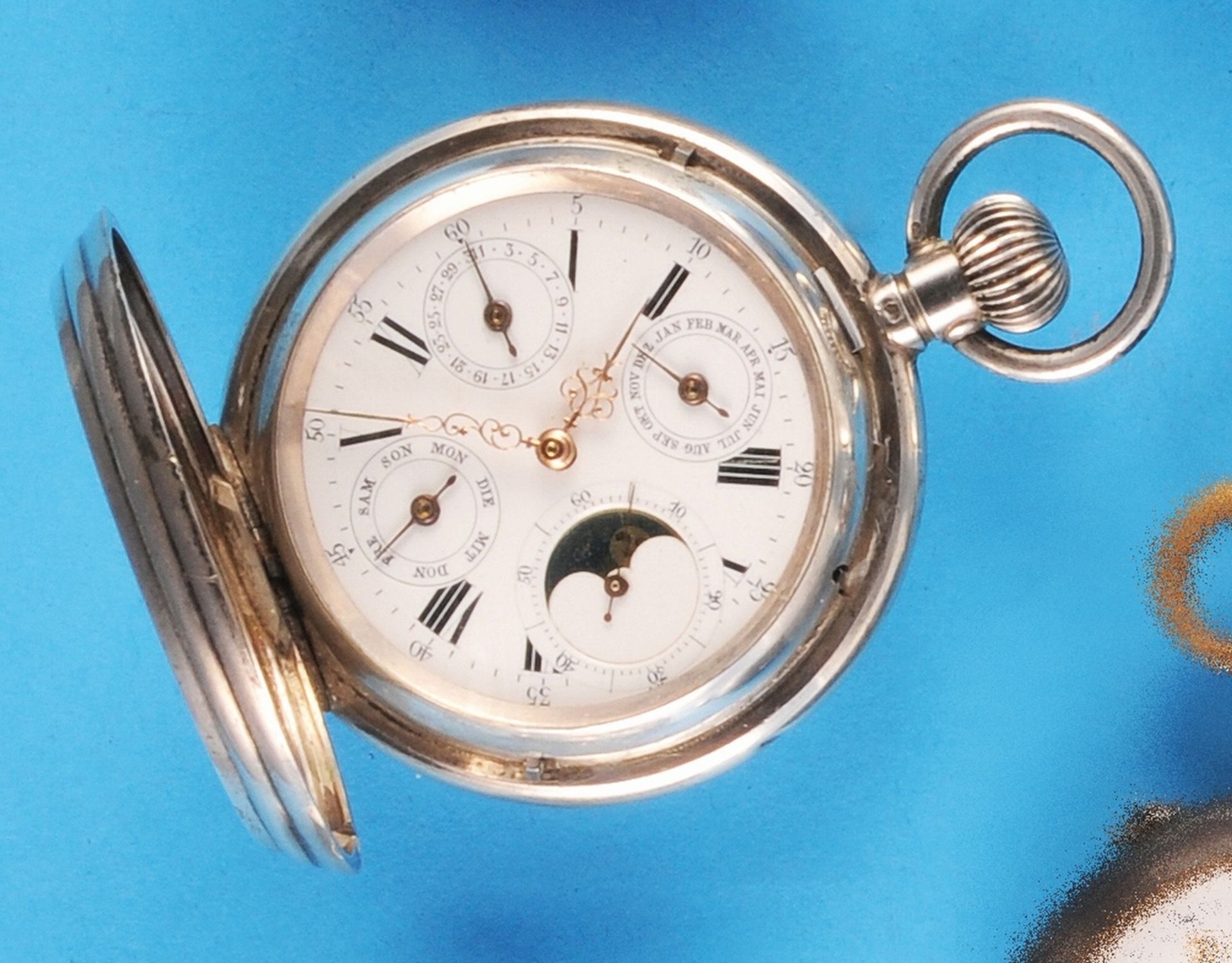 Silver pocket watch with sprung cover and moon phase calendar, case engraved with