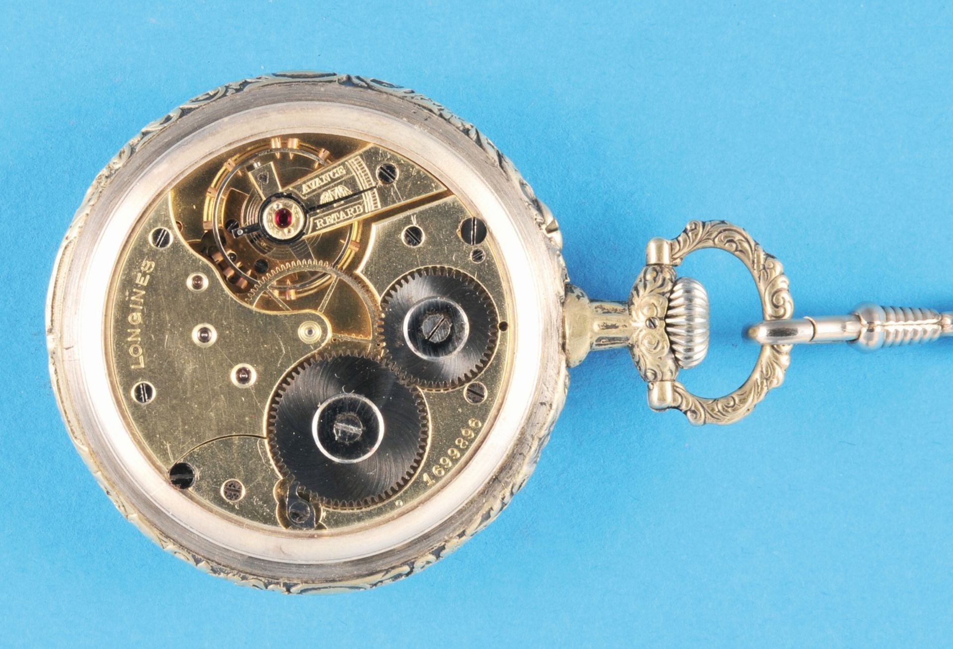 Longines, motif pocket watch with depiction of an eagle, silver-plated case with eagle in relief on - Bild 2 aus 3
