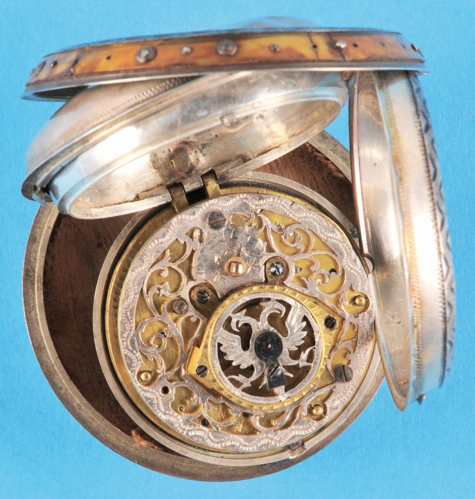 Silver verge pocket watch in a triple case, outer case decorated with painted tortoiseshell, smooth