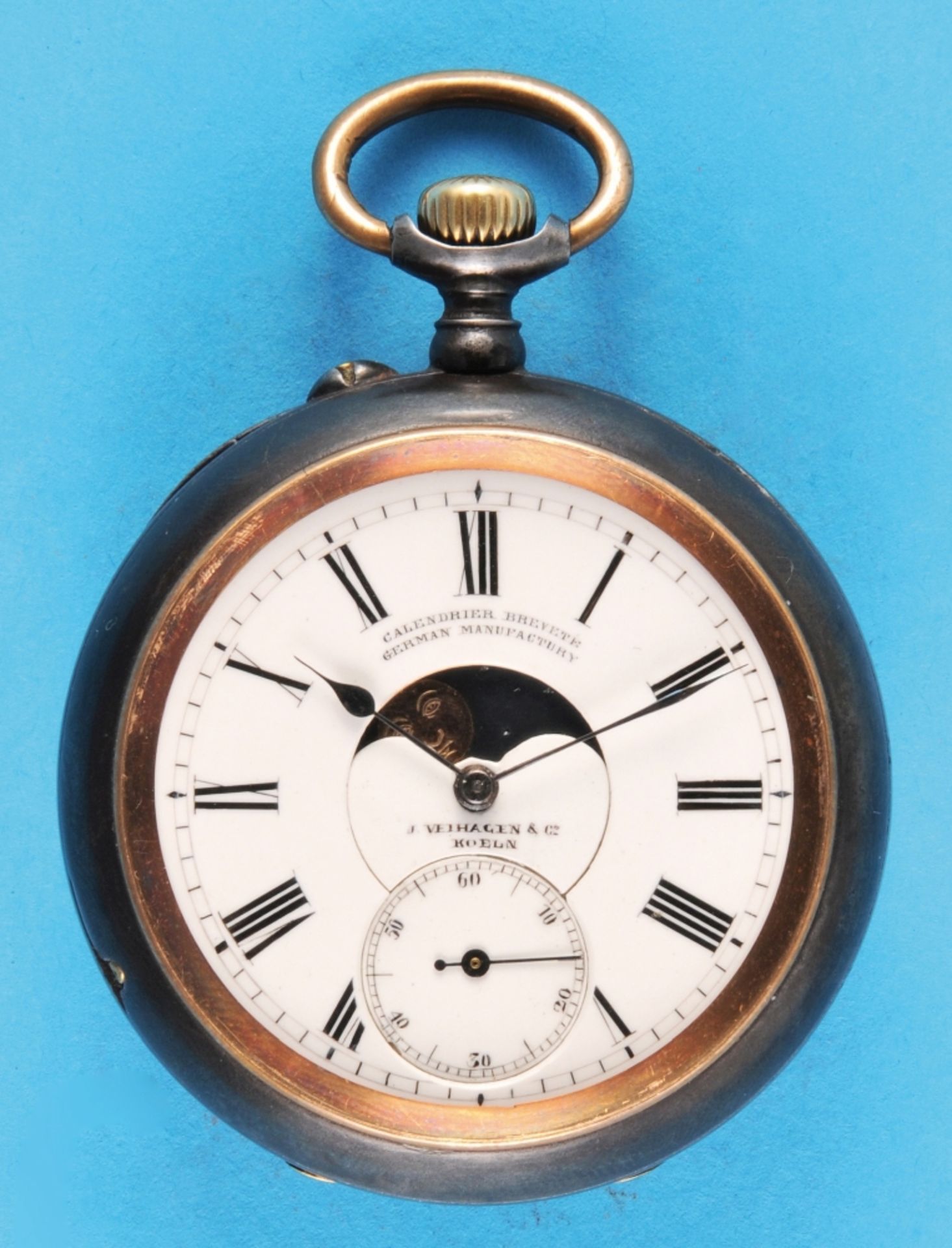 J.Verhagen & Co., Cologne, metal pocket watch with moon phase and calendar on the back,