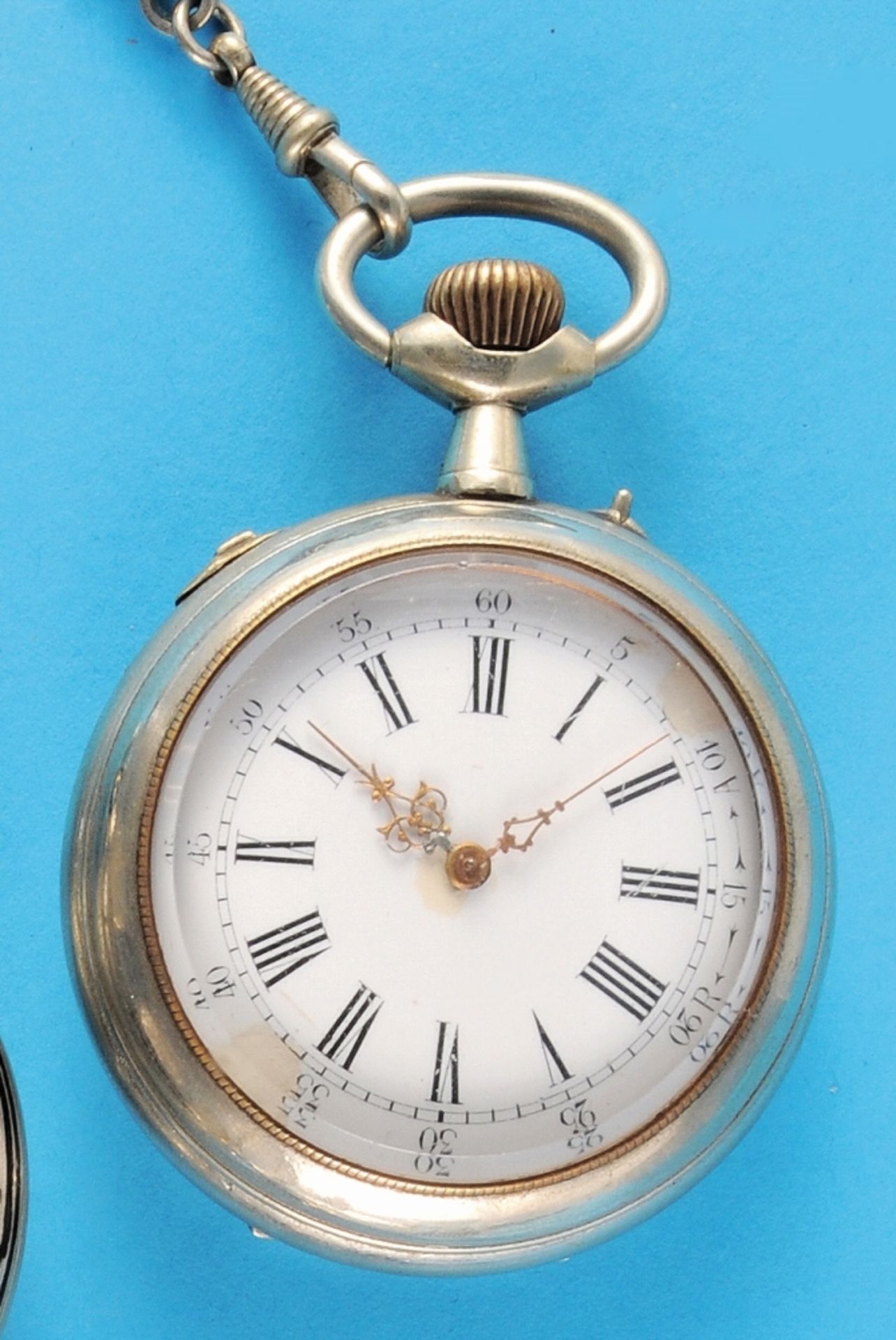 Musical pocket watch with reed movement and nickel pocket watch chain, movement signed with factory - Image 2 of 2