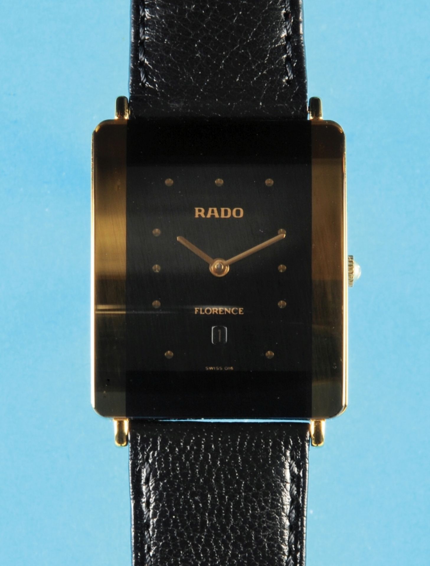 Rado Florence, rectangular quartz wristwatch with date, reference 160.3670.2, gold-plated case