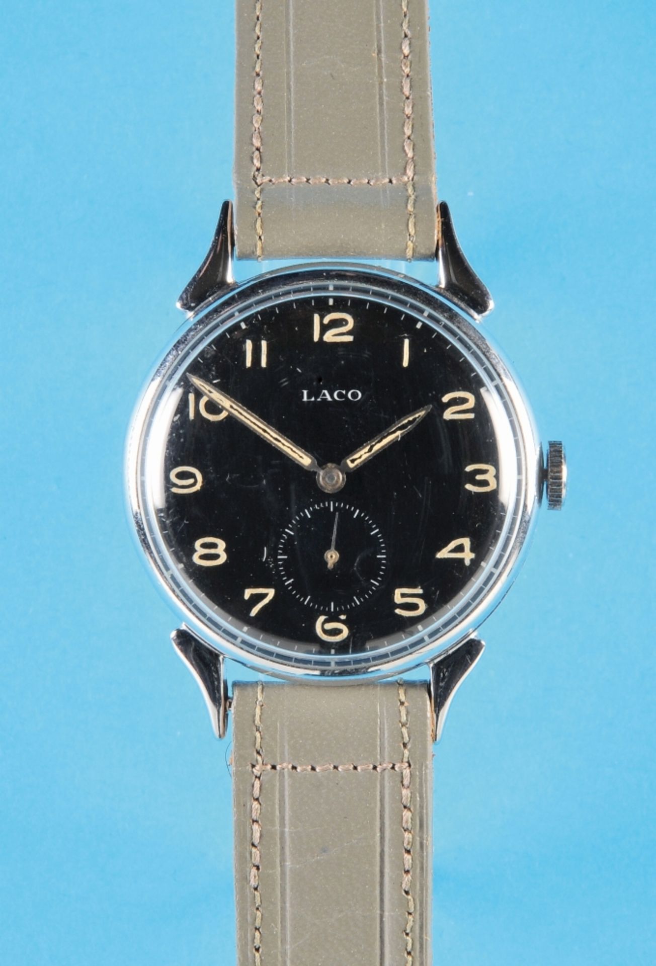 Laco military wristwatch with special lugs,cal. Laco 524, 1940s, case with stainless steel push bac