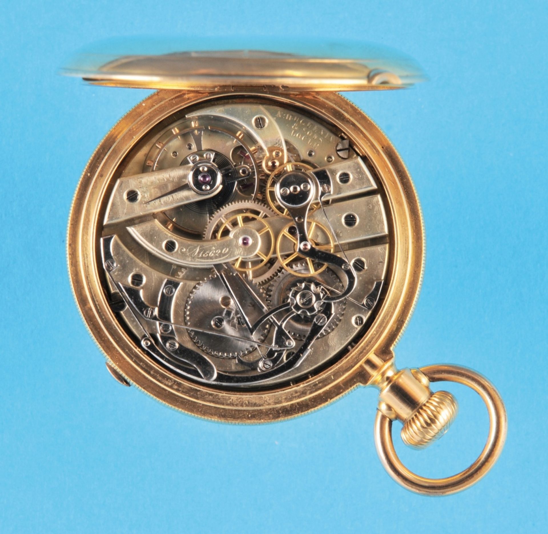 A. Huguenin & Sons, Locle, No. 15620, large gold pocket watch with glazed sprung cover and column wh