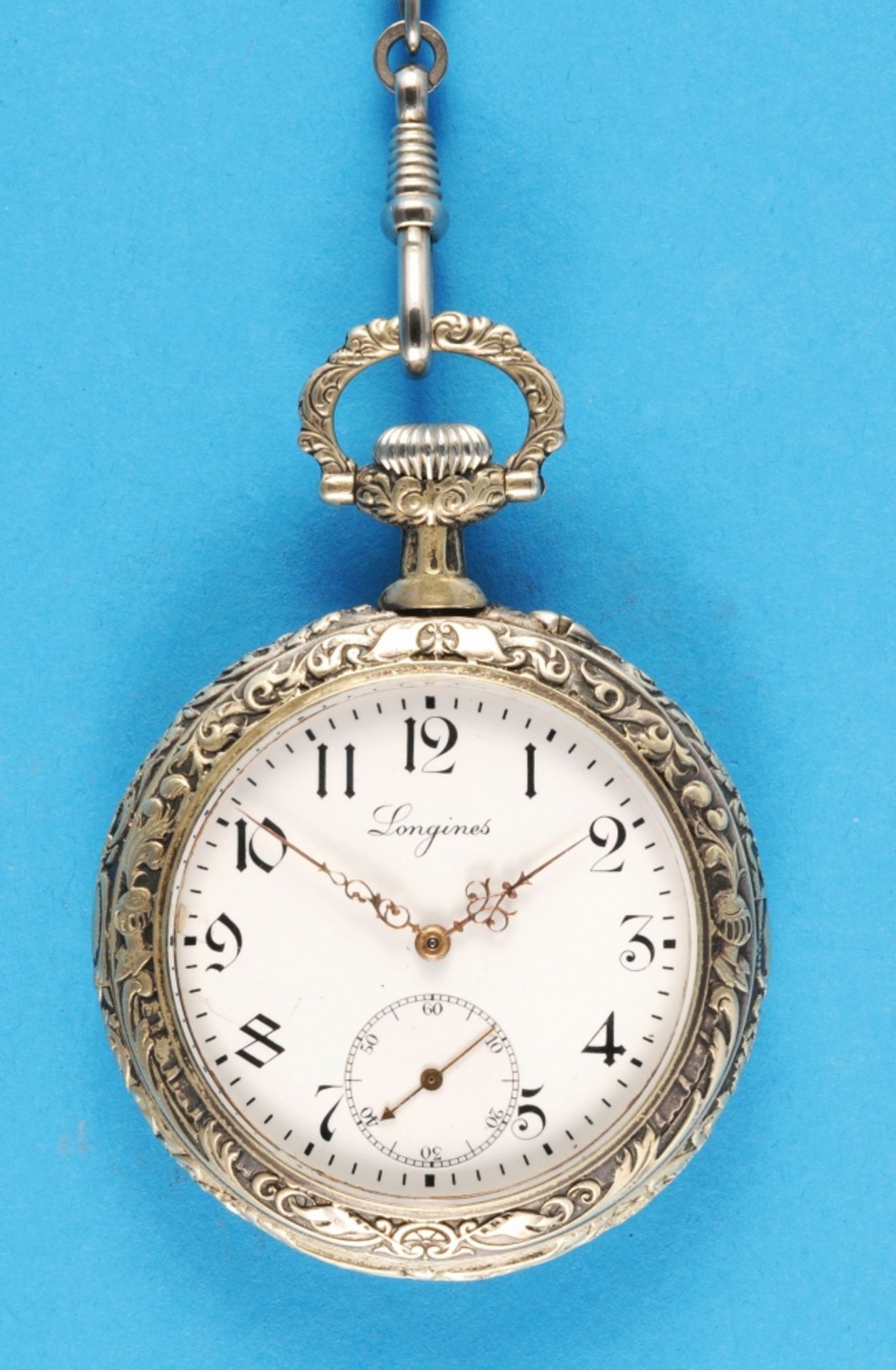 Longines, motif pocket watch with depiction of an eagle, silver-plated case with eagle in relief on