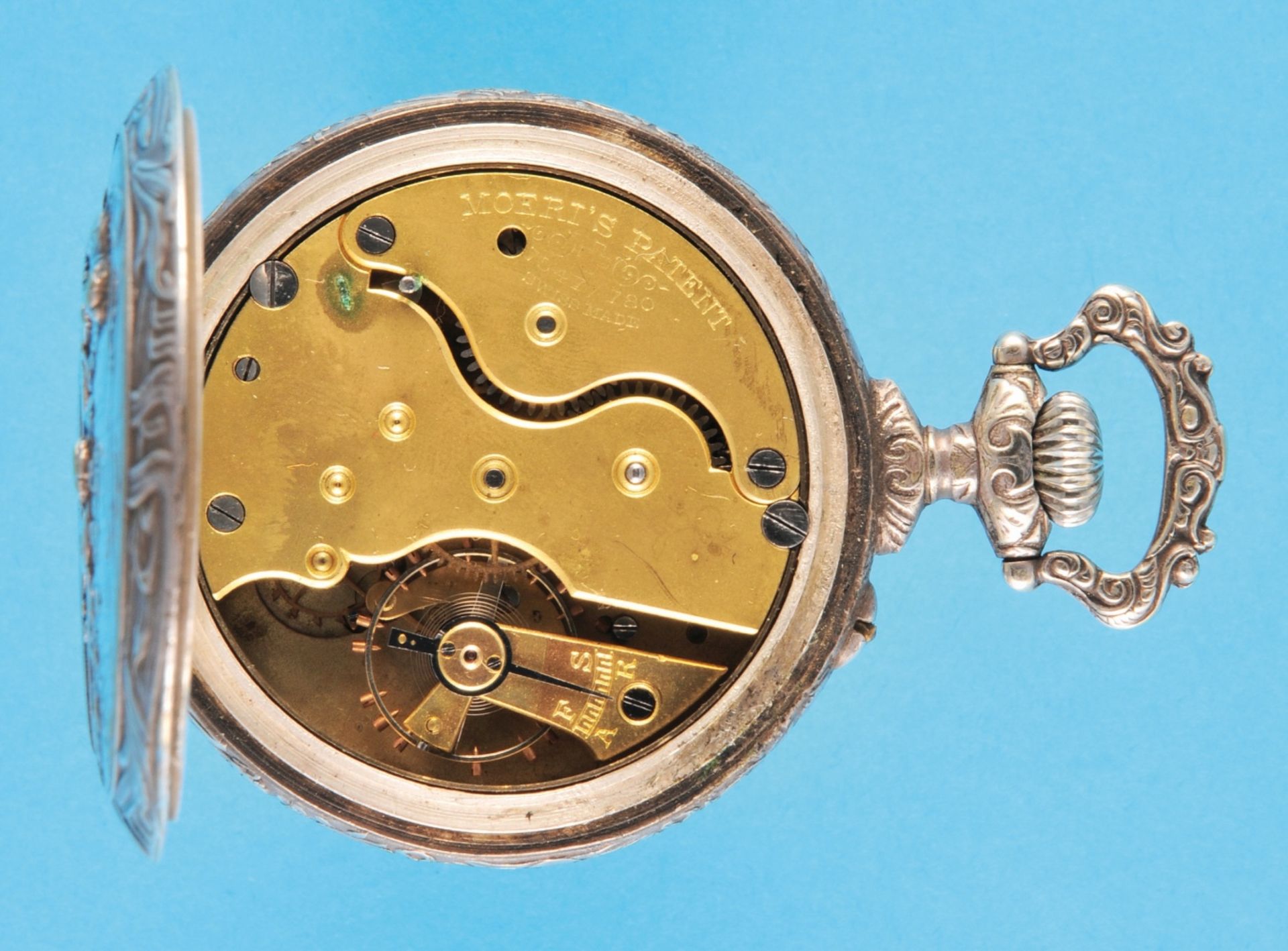 Moeris Patent, motif pocket watch with billiard players, silver-plated case, all sides in relief,