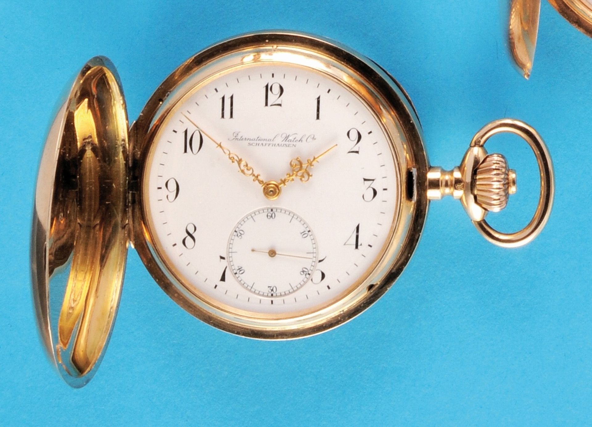 IWC, International Watch Co., Schaffhausen, Goldtaschenuhr mit Sprungdeckel, cal. 53, 19lig., H6, um