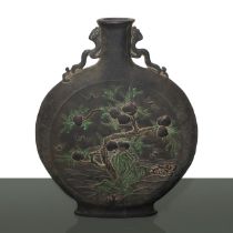 Brown Chinese bottle painted with nine peaches and characters