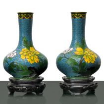 Pair of cloisonne vases, light blue background with peach blossoms and little bird, gold decorations