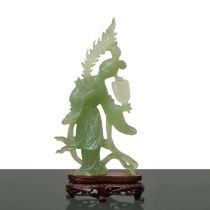 Guanin with fan in light green jade