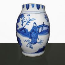 Vase in shades of white and blue with genre scenes and landscape with waterfall, 17th century