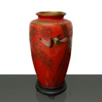 Chinese ceramic vase, red lacquered with bird and bamboo decorations