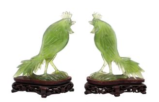 Hens, pair of green jade sculptures