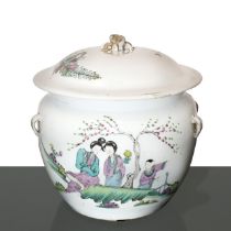 Hand-painted Chinese white porcelain tureen with decoration of women and children in a flower garden