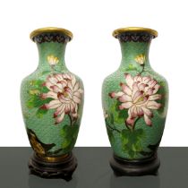 Pair of Chinese cloisonne vases with an aqua green background with pink and yellow flowers, golden d