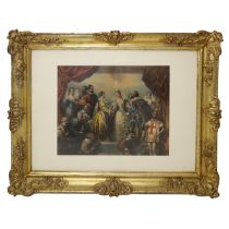Golden tablet frame with court scene print, nineteenth century