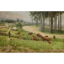 Francesco Lojacono (Palermo 1838-Palermo 1915) - Rural landscape with trees and herds along a Madon