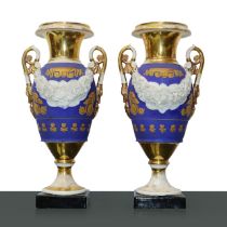 Pair of Sofia porcelain vases, French blue and mercury gilding, France 19th century