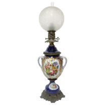 Sevres- Vincennes - Oil lamp in blue porcelain with handles, glass ball diffuser painted with flower