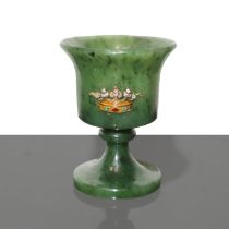 Small crater in spinach green jade with application of a gold crown shaped with diamonds and semi-pr