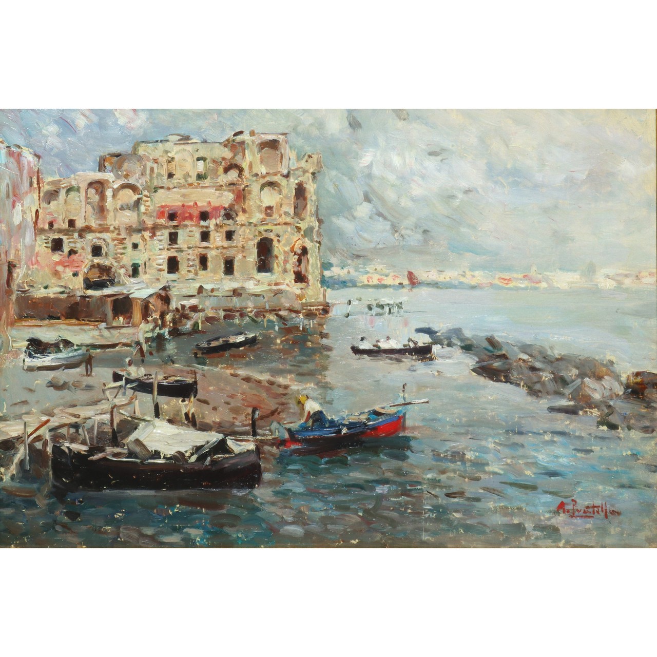 Attilio Pratella (Lugo Di Romagna 1856-Napoli 1949) - Marina with boats and Palazzo Donn'Anna, Napl - Image 2 of 4