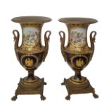 Sevres- Vincennes - Pair of blue porcelain vases with golden decorations and neck decorated with scr