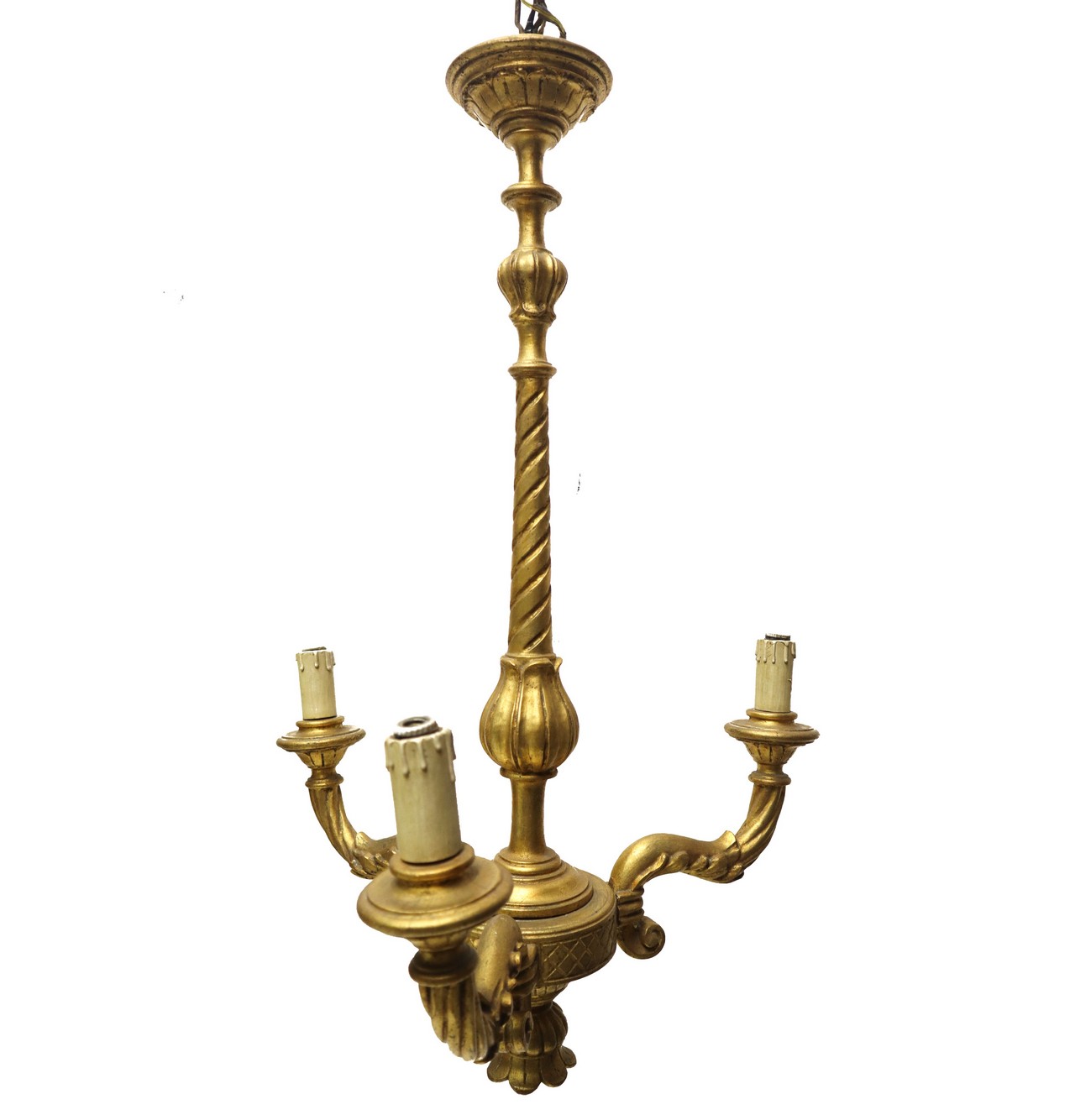 3-light chandelier in golden wood, 20th century