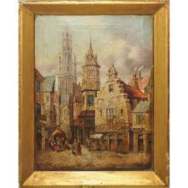 Flemish village with characters, Early 19th century