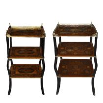 Pair of small tables with three inlaid shelves, nineteenth century