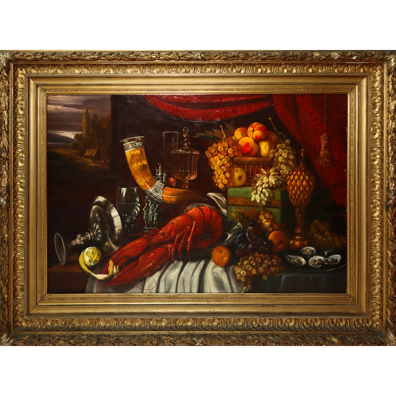 Still life with cornucopia and lobster, in an important frame., European school, 19th century