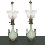 Pair of Celadon porcelain oil lamps, nineteenth century