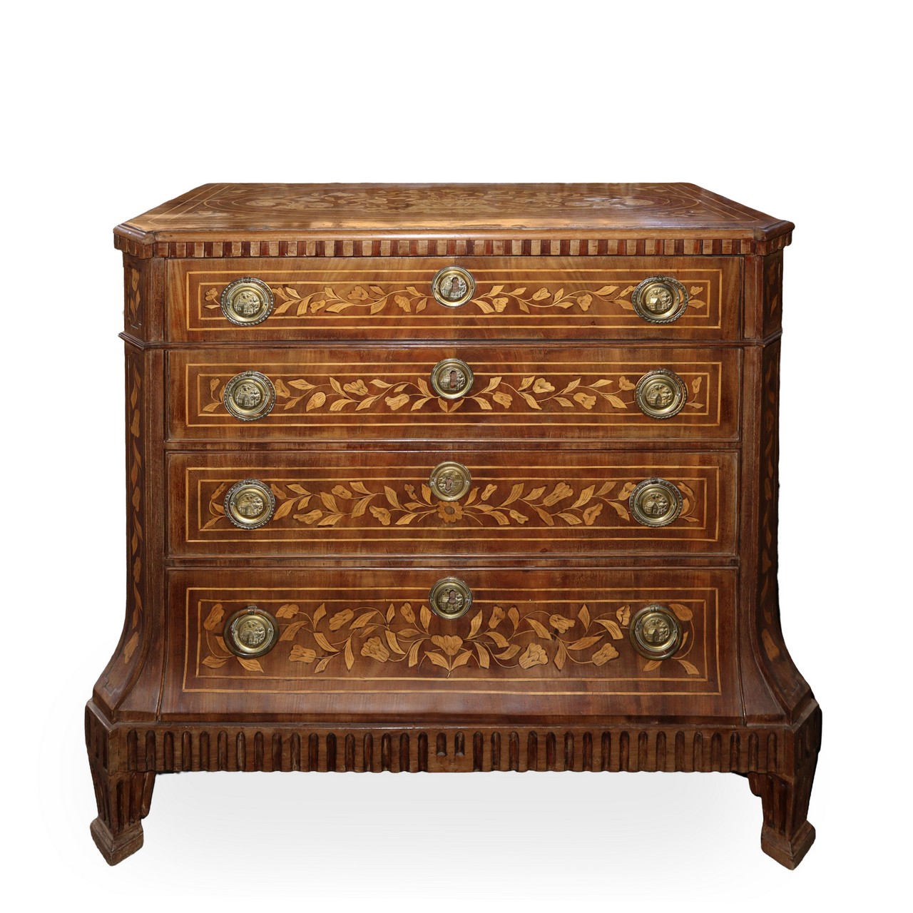 Chest of drawers in mahogany wood with inlays in light woods with floral motifs, Holland, late 19th