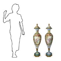 Sevres- Vincennes - Pair of Old French porcelain vases with lids, gilded decorations and images of c