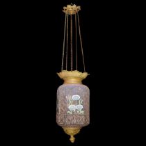 Pink Murano glass suspension with hand-painted floral enamels, Early 20th century