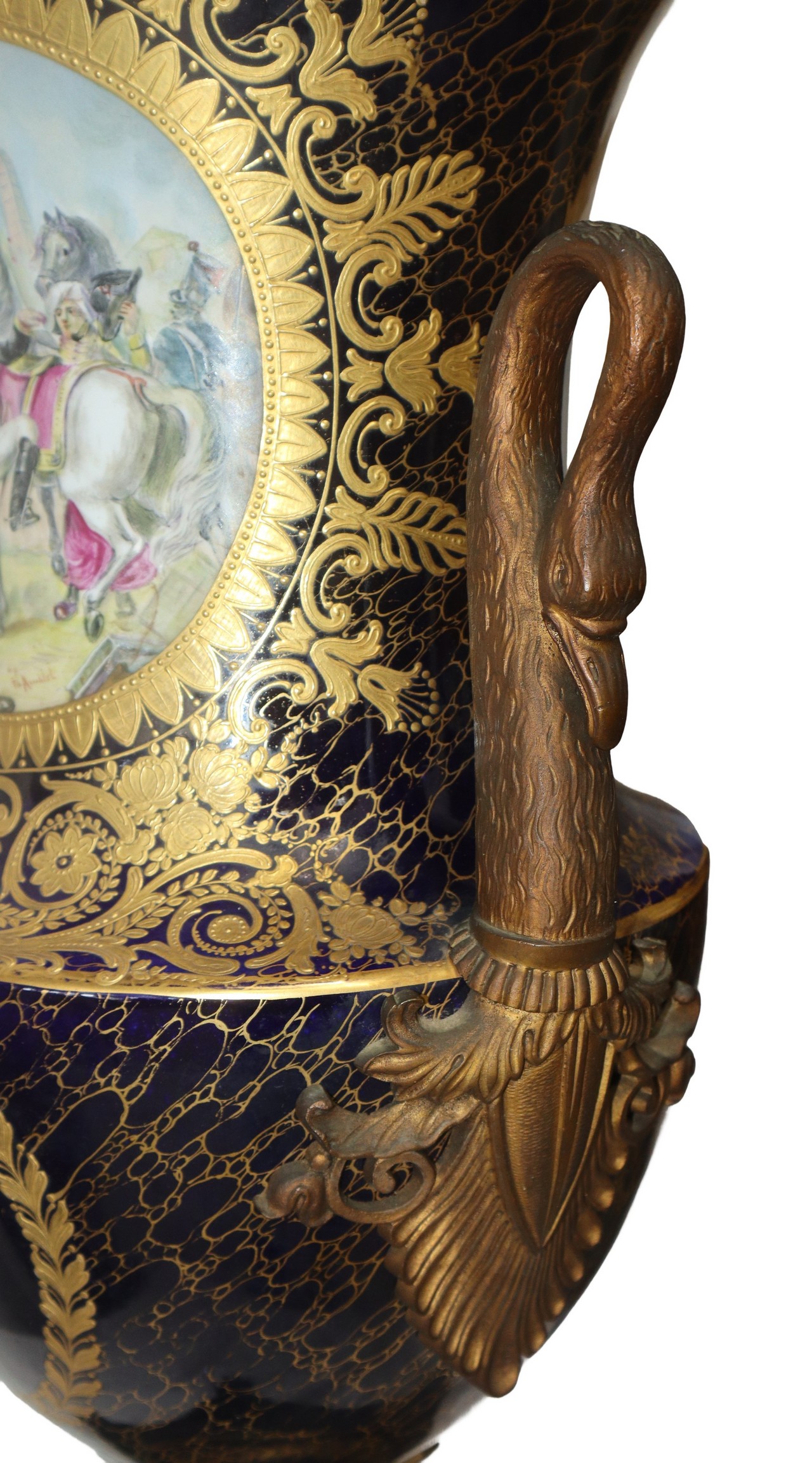 Sevres- Vincennes - Pair of blue porcelain vases with golden decorations and neck decorated with scr - Image 5 of 5