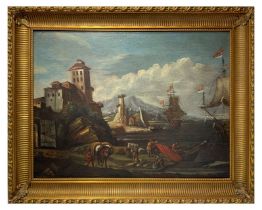 Ships docked at the port with characters, 18th century