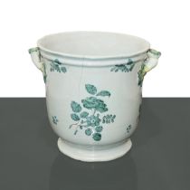 Two-handed majolica refresher, with floral decorations in verdigris and ocher shading, Cerreto Sanni