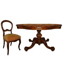 Oval biscuit-shaped table in walnut root with 6 chairs, nineteenth century