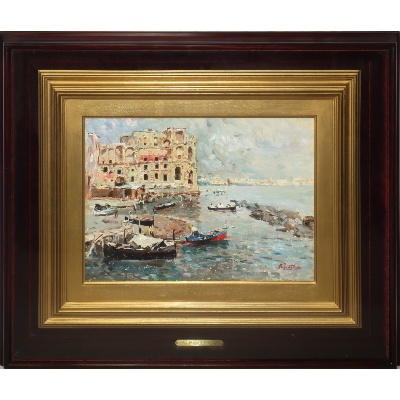 Attilio Pratella (Lugo Di Romagna 1856-Napoli 1949) - Marina with boats and Palazzo Donn'Anna, Napl