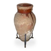 Terracotta jar with enamelled neck and iron base